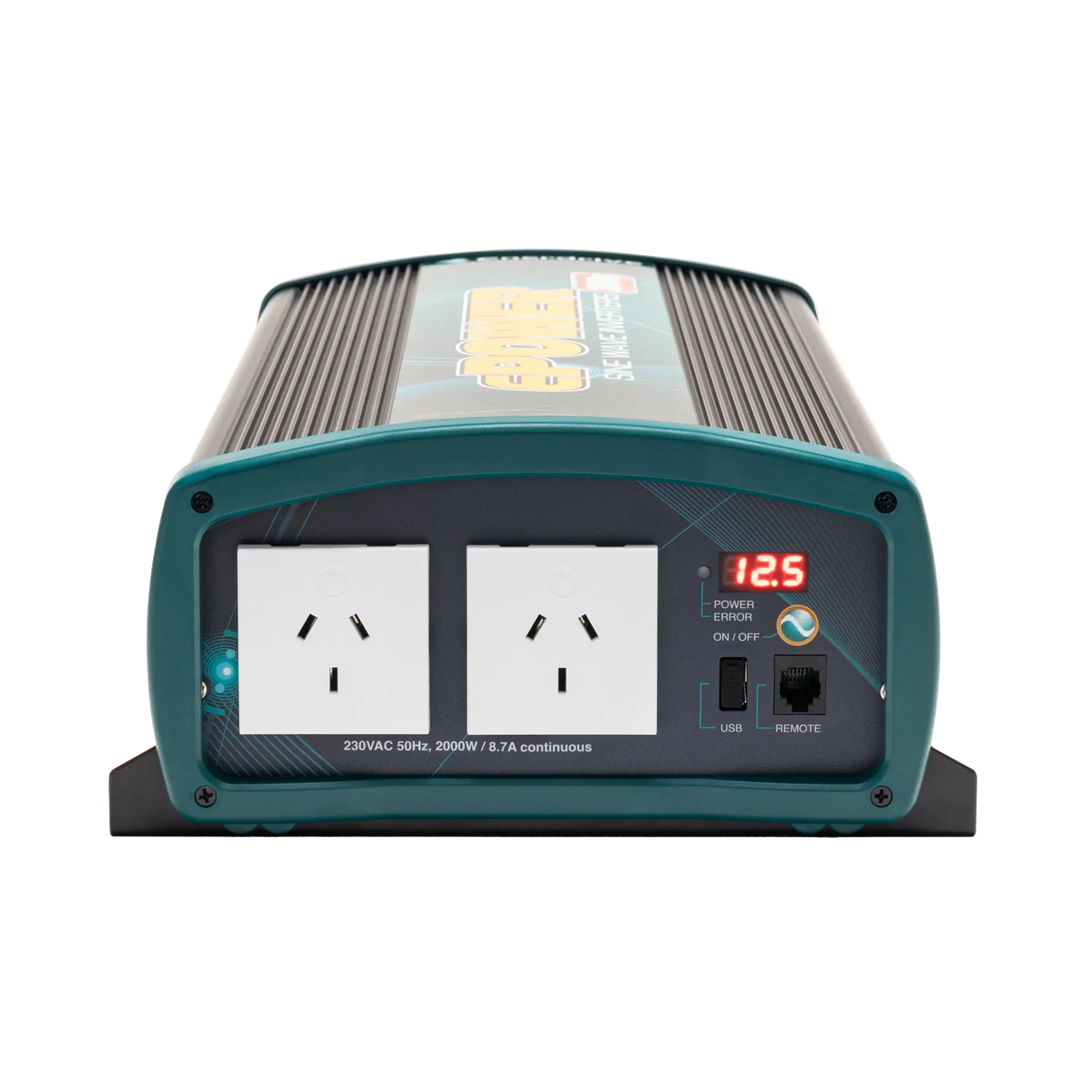 Enerdrive 2000W 12V ePOWER inverter front panel with twin AC sockets, a digital display, USB port and remote port.