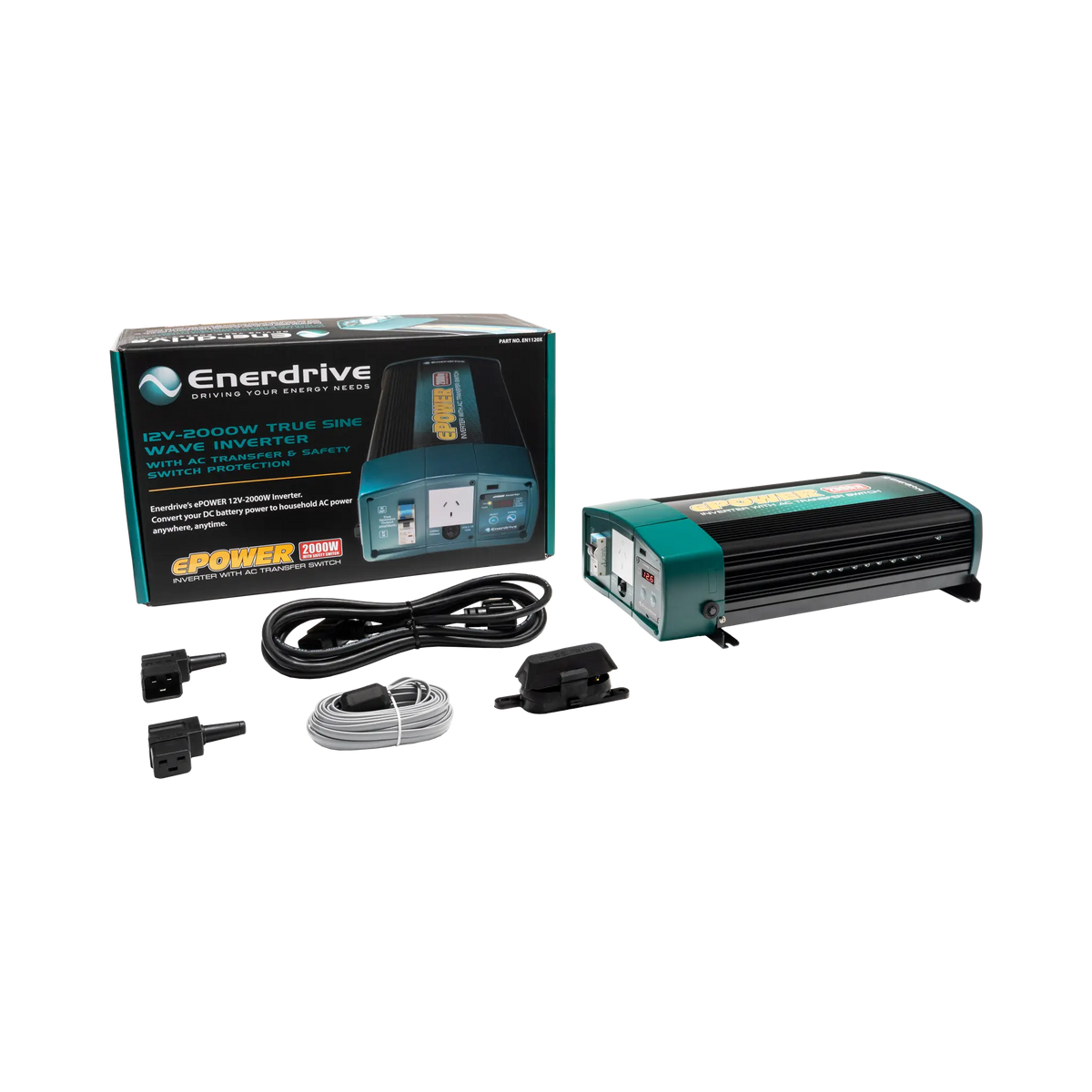 Enerdrive 2000W ePOWER inverter with AC transfer beside its box, power cord, grey cable and plug connectors.