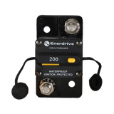 Enerdrive 200A surface mount circuit breaker front view with two 3/8 studs, yellow controls and tethered caps.