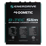 Enerdrive 200AH B-TEC Slim lithium battery front label view showing text.