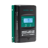 Enerdrive 20A 12/24V MPPT solar controller front left view with an illuminated display and green mounting plate.