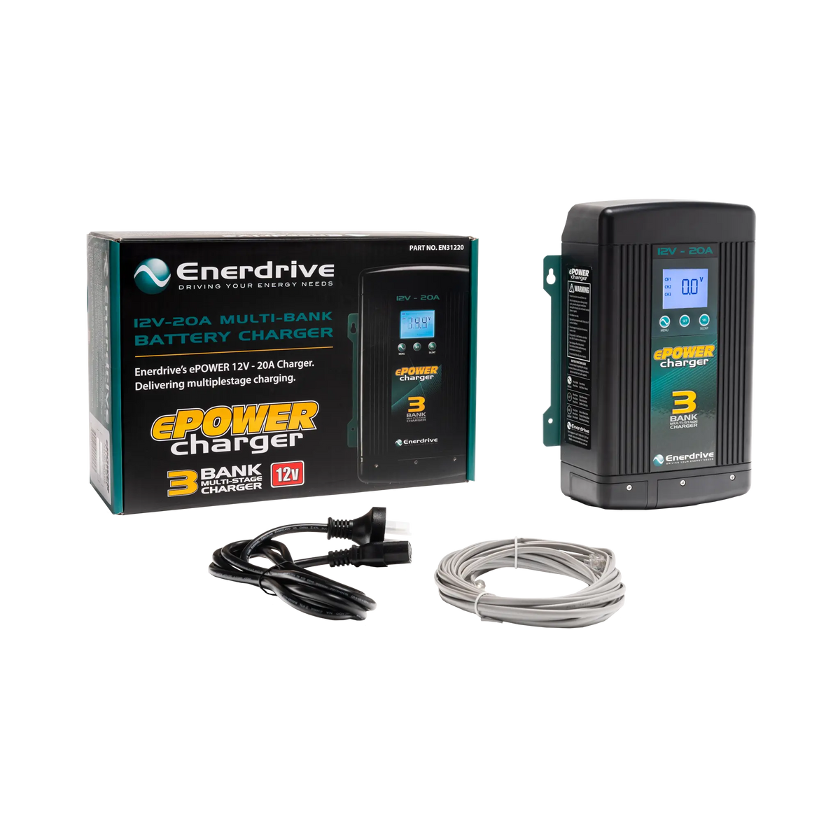 Enerdrive 20A 12V ePOWER battery charger beside its box, black power cord and coiled grey cable.