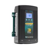 Enerdrive 20A 12V ePOWER battery charger in a front left view with its side label and digital display visible.