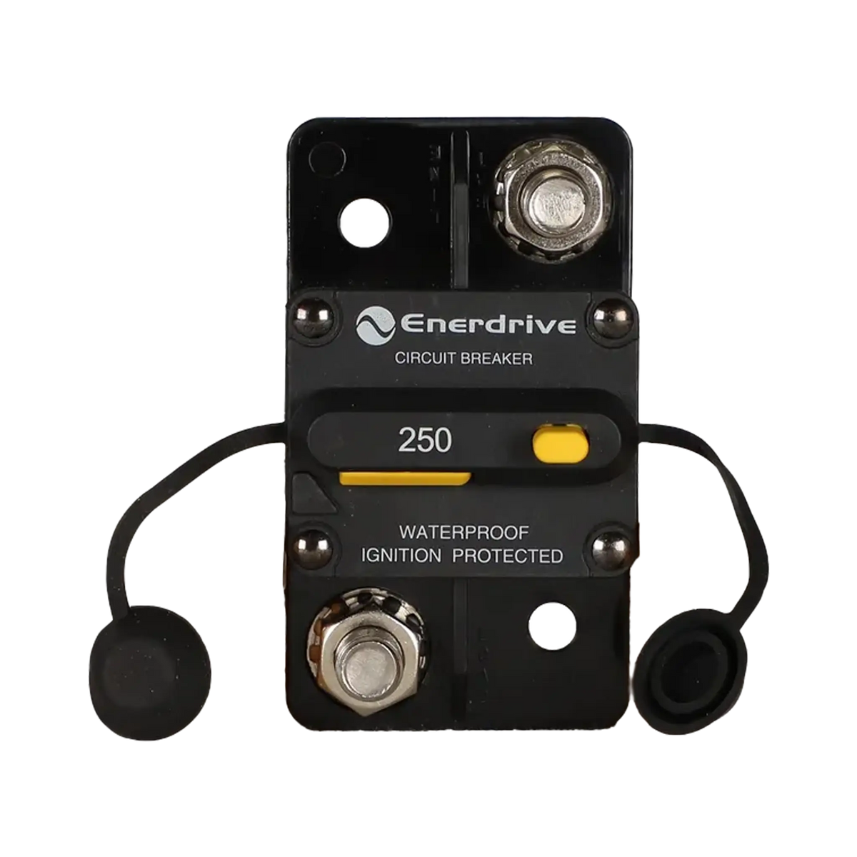 Enerdrive 250A surface mount circuit breaker front view with two 3/8 studs, yellow controls and tethered caps.