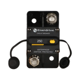 Enerdrive 250A surface mount circuit breaker front view with two 3/8 studs, yellow controls and tethered caps.