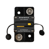 Enerdrive 25A surface mount circuit breaker front view with two 5/16 studs and tethered black caps.