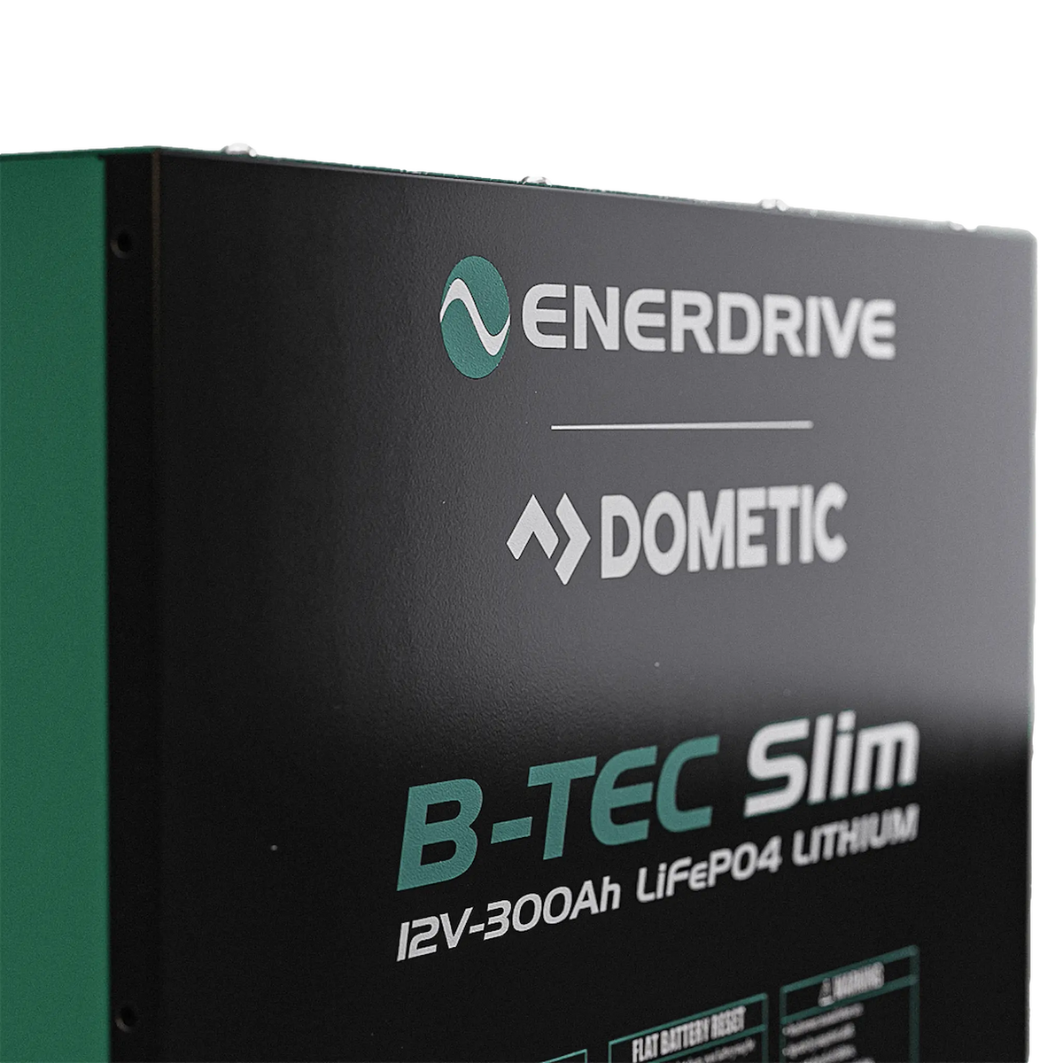 Enerdrive 300Ah 12V B-TEC Slim Metal Case Lithium Battery front corner label detail.