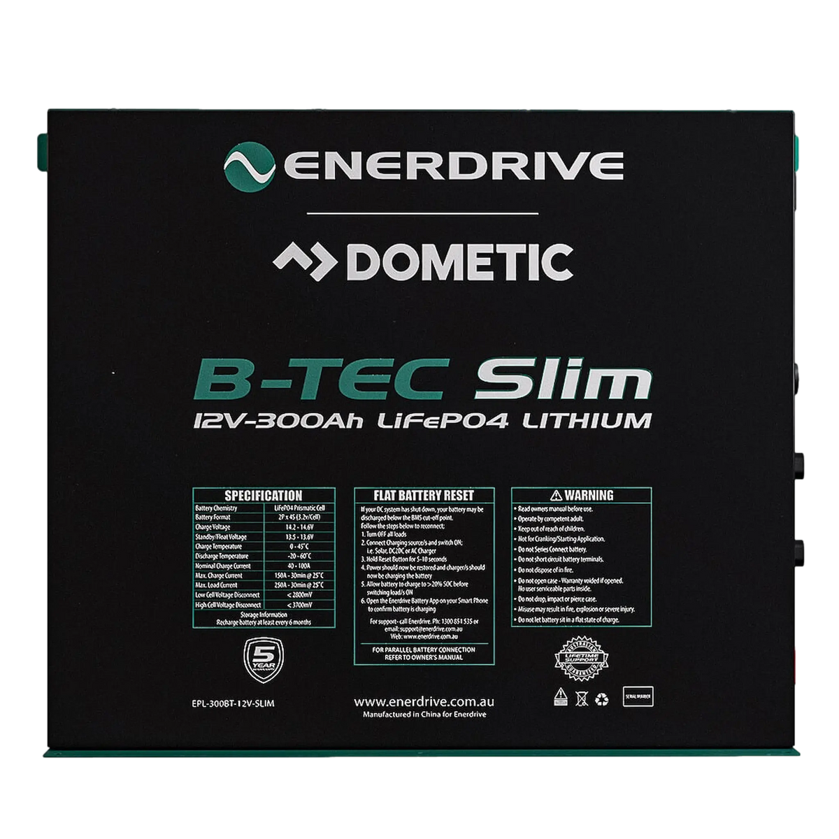 Enerdrive 300Ah 12V B-TEC Slim Metal Case Lithium Battery front label view.