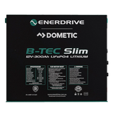 Enerdrive 300Ah 12V B-TEC Slim Metal Case Lithium Battery front label view.