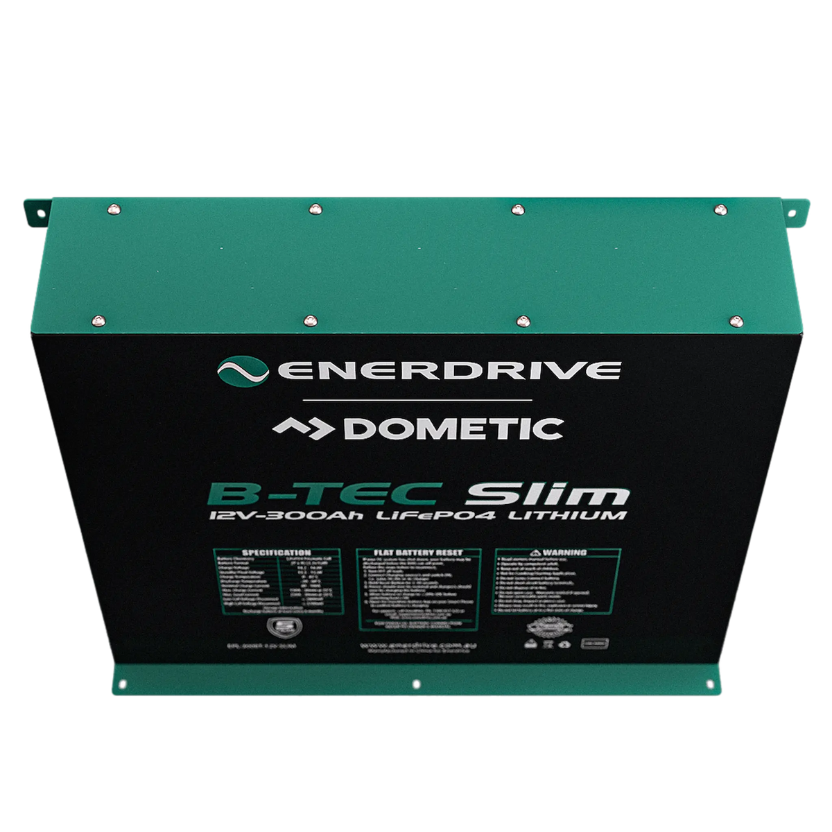 Enerdrive 300Ah 12V B-TEC Slim Metal Case Lithium Battery top/front view with green metal case.
