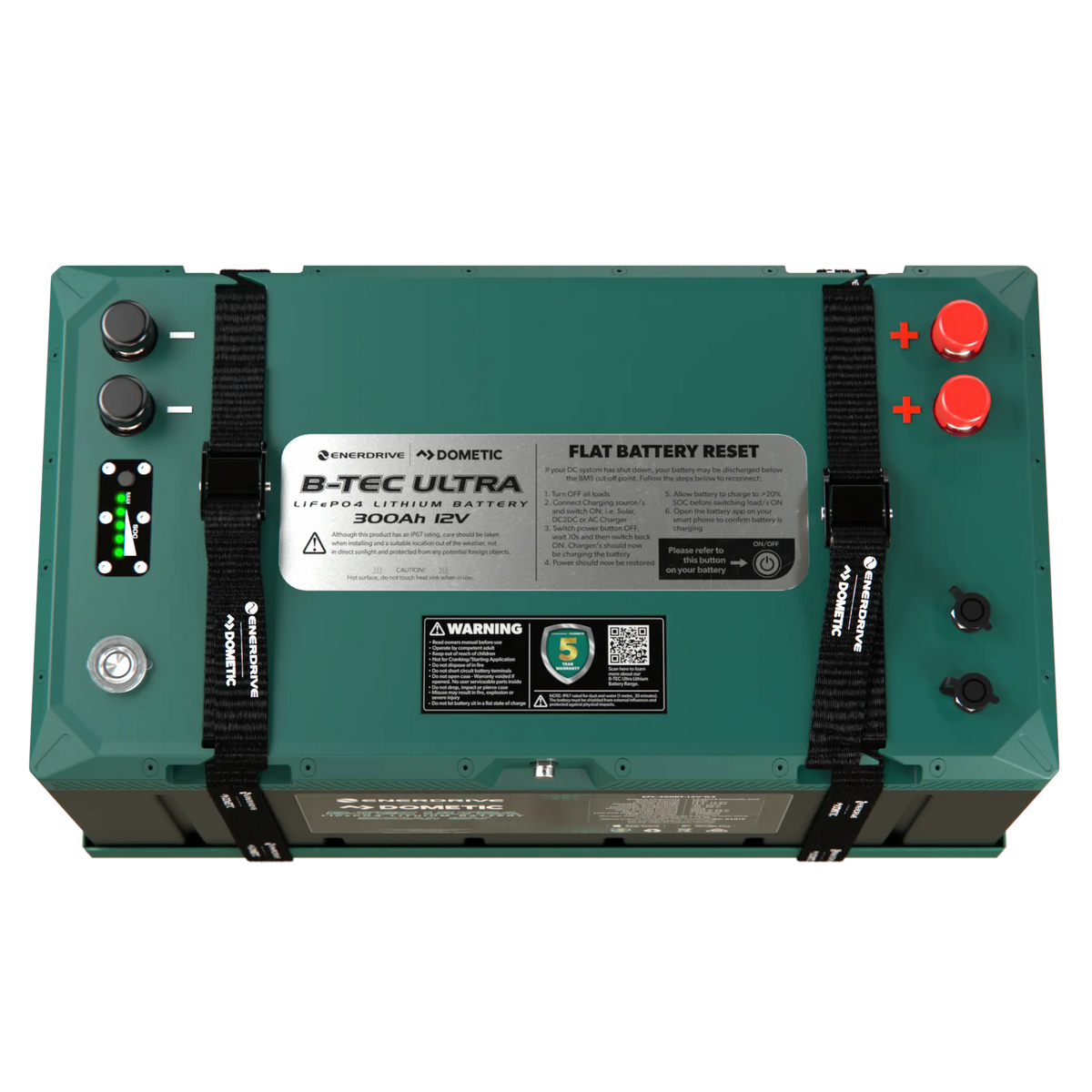 Enerdrive 300Ah 12V B-TEC ULTRA G3 lithium battery top view with positive and negative terminals and a charge indicator.