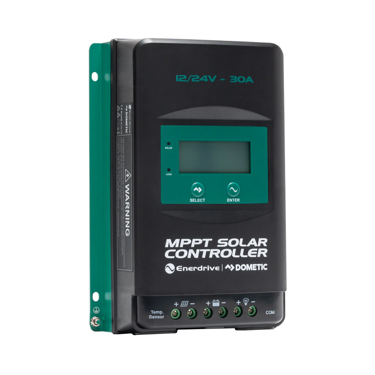 Enerdrive 30A 12/24V MPPT solar controller with its terminal cover removed and the display unlit.