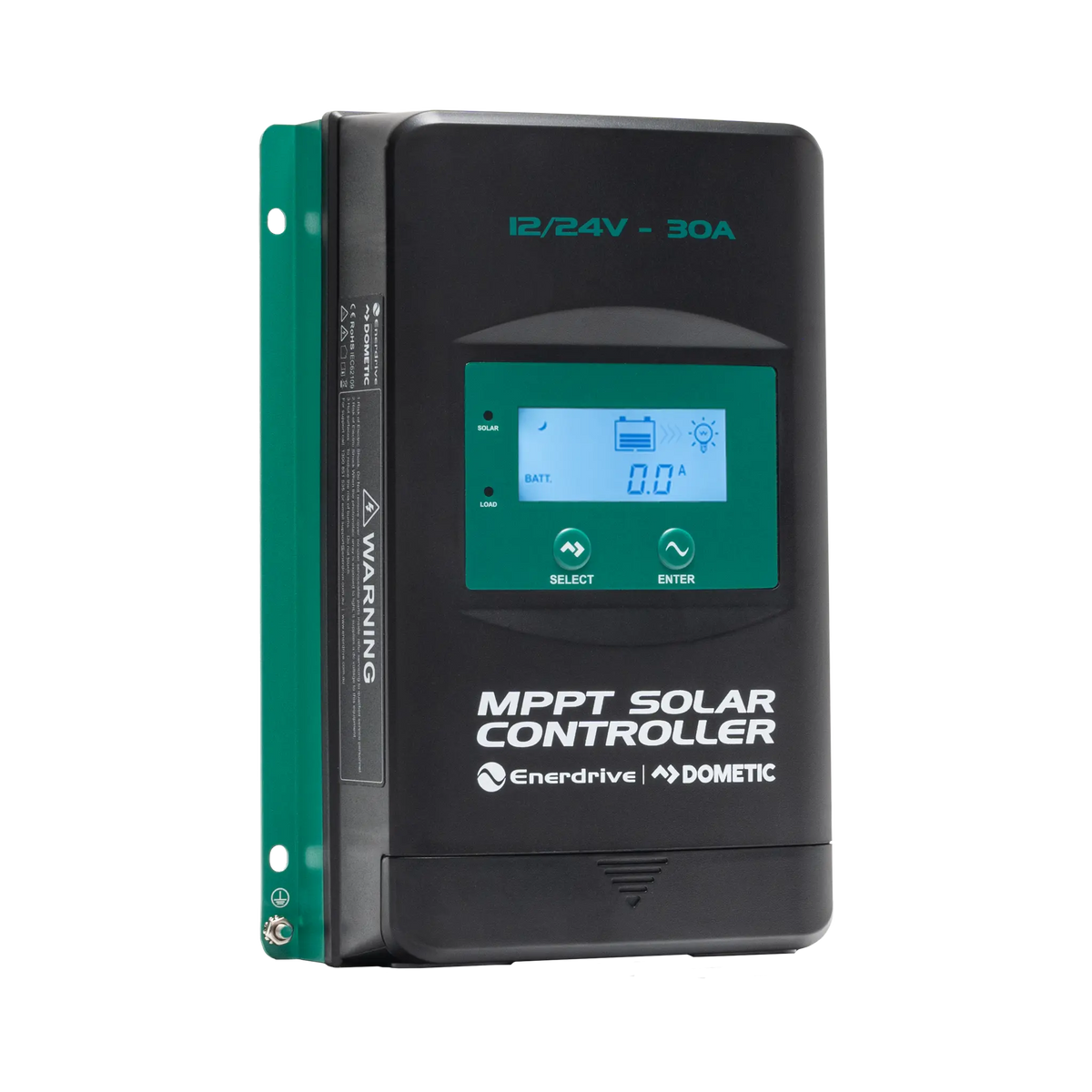 Enerdrive 30A 12/24V MPPT solar controller front left view with an illuminated display and green mounting plate.
