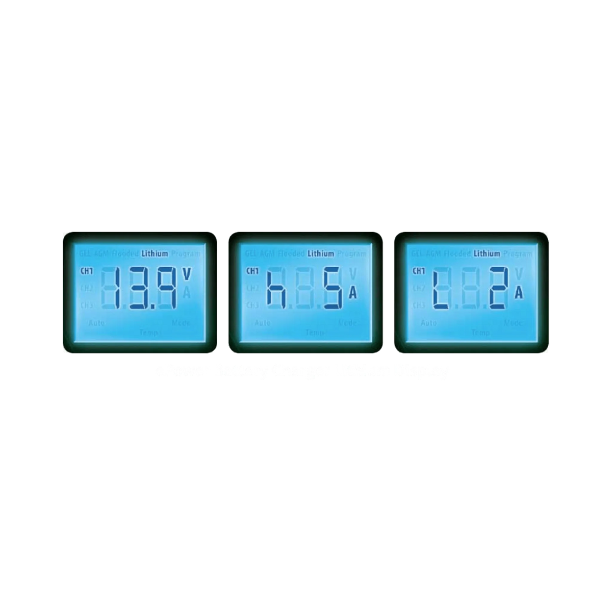 Enerdrive 30A 24V ePOWER battery charger three LCD examples showing voltage and current readings.