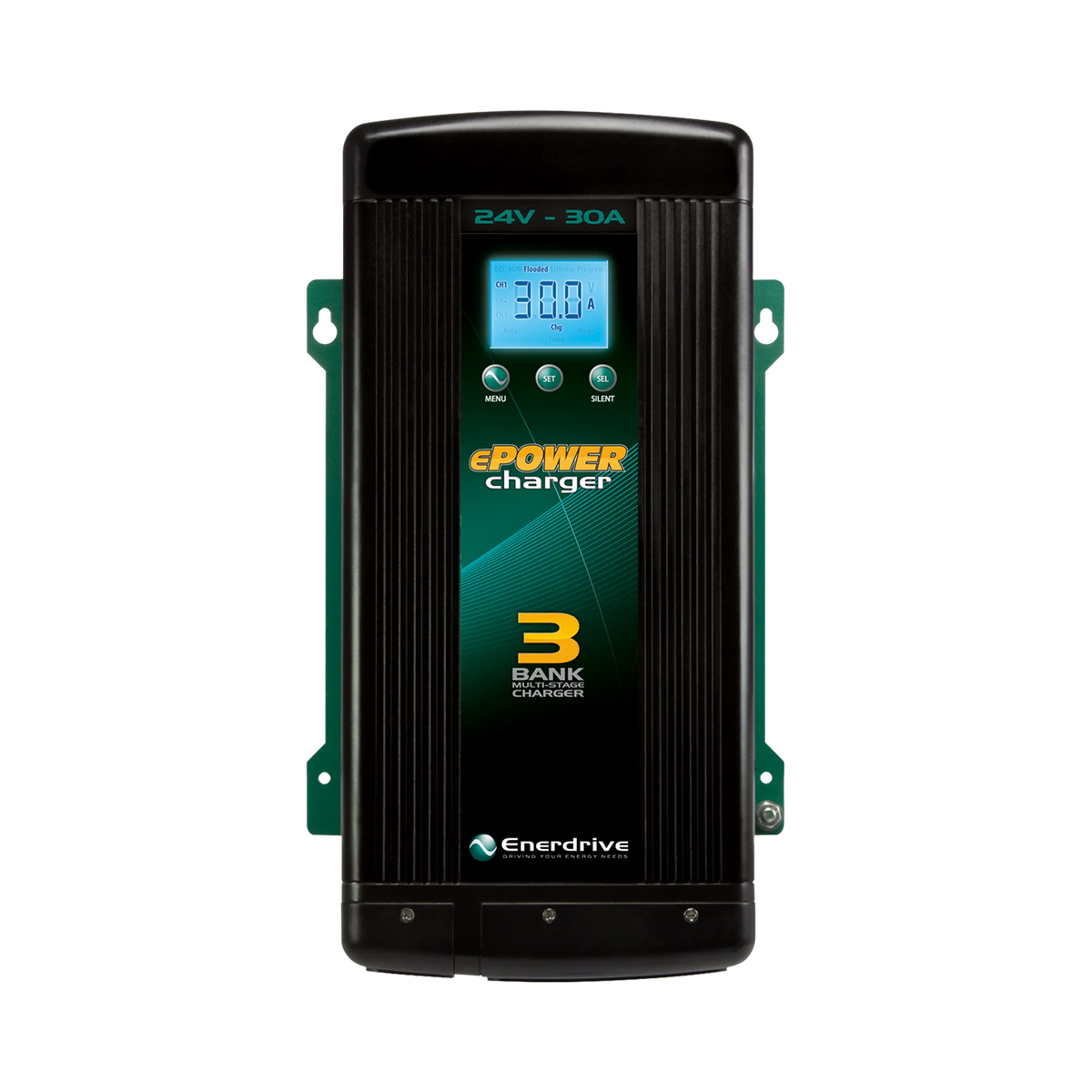 Enerdrive 30A 24V ePOWER battery charger front view with LCD display and three bank charging label.
