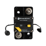Enerdrive 30A surface mount circuit breaker front view with exposed 5/16 studs and yellow reset controls.