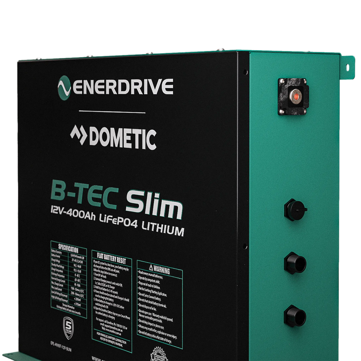 Enerdrive 400Ah B-TEC Slim lithium battery front-right view with side terminals.