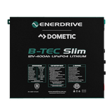 Enerdrive 400Ah B-TEC Slim lithium battery straight front view with label panel.