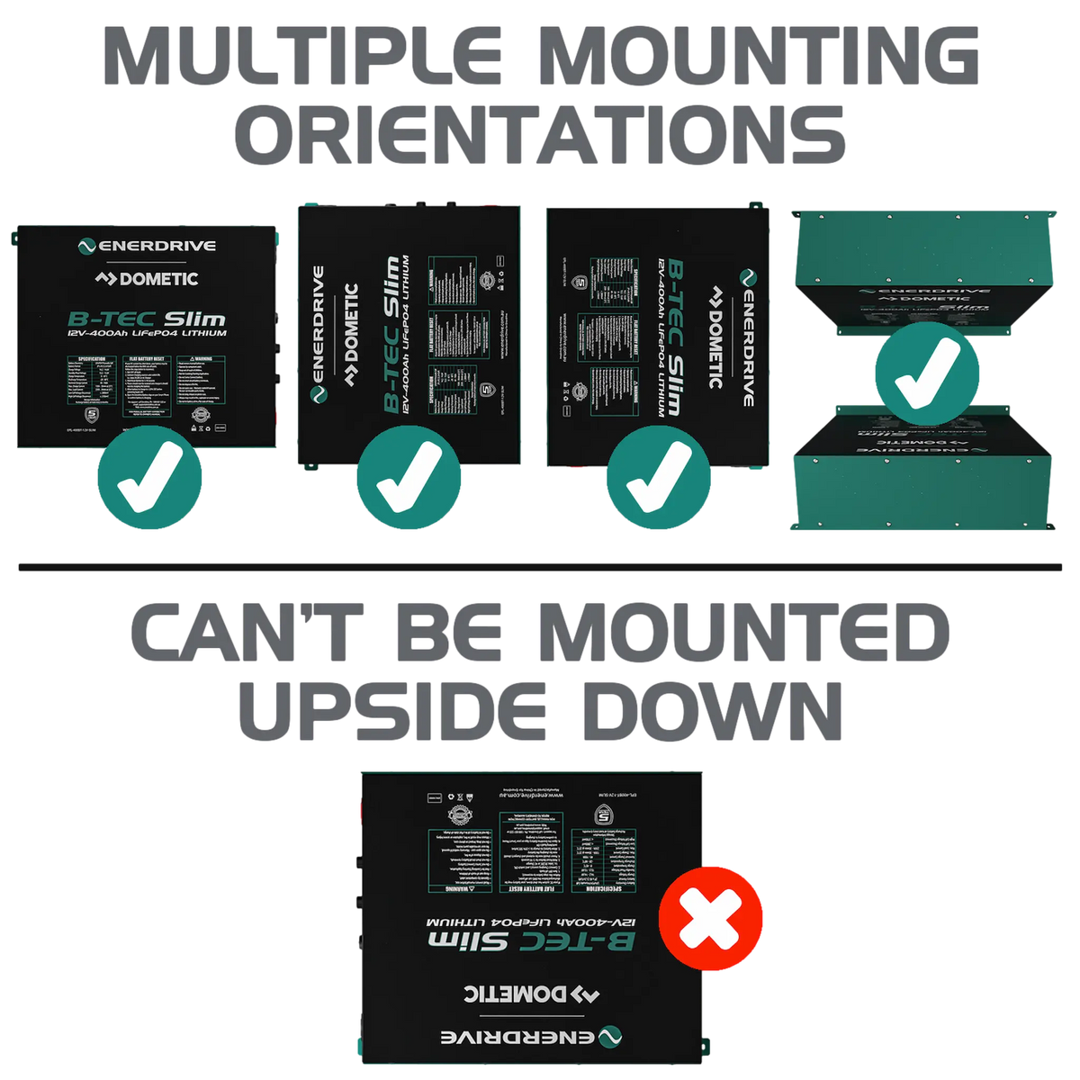 Enerdrive 400Ah B-TEC Slim lithium battery mounting orientation guide.