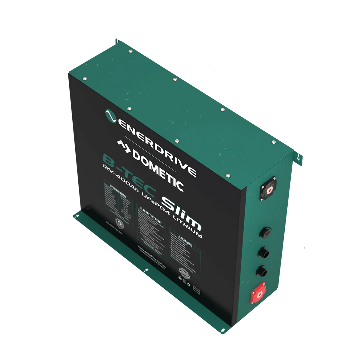 Enerdrive 400Ah B-TEC Slim lithium battery top-right view with green metal case.