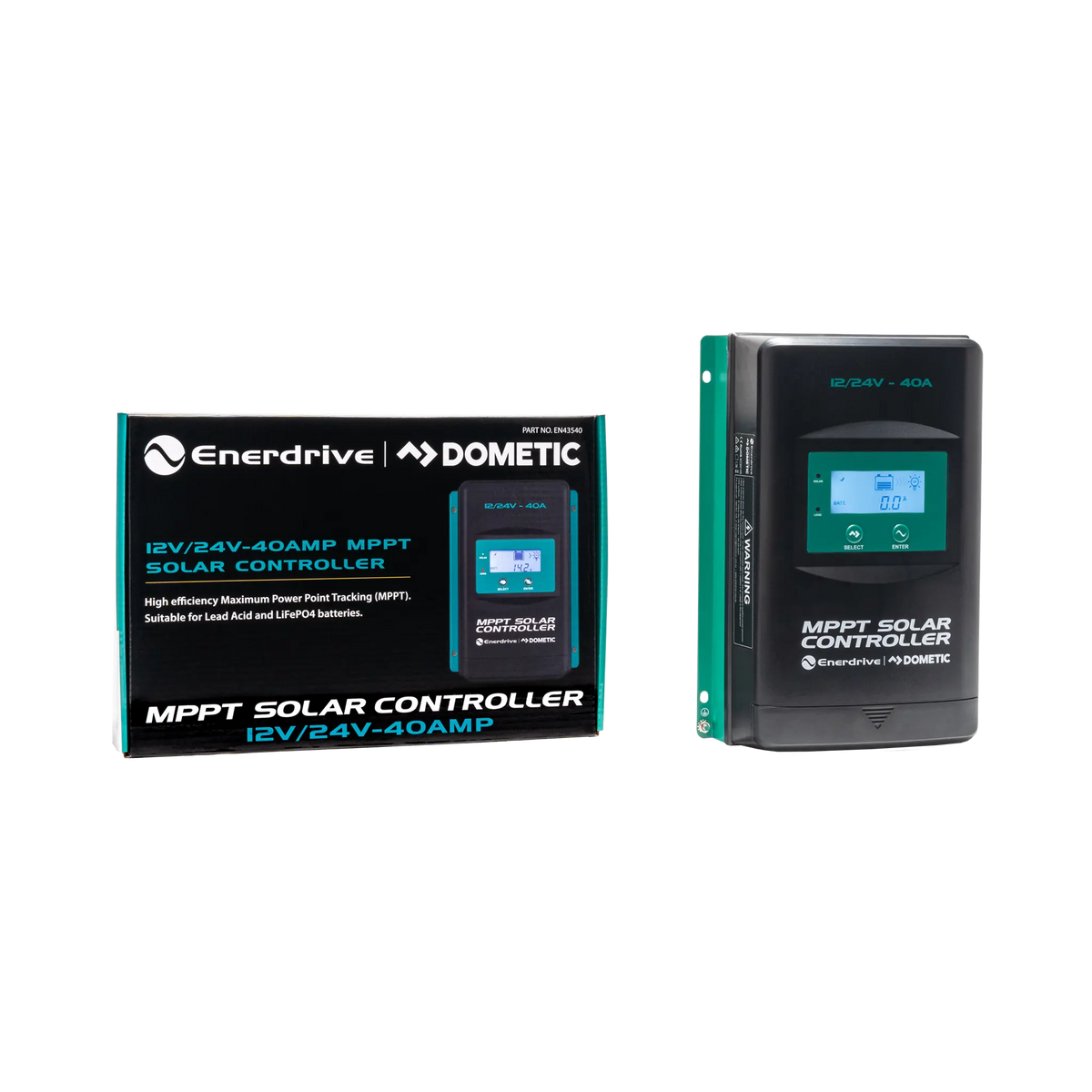 Enerdrive 40A 12/24V MPPT solar controller in an angled view beside its labelled retail box.