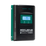 Enerdrive 40A 12/24V MPPT solar controller front left view with an illuminated display and green mounting plate.