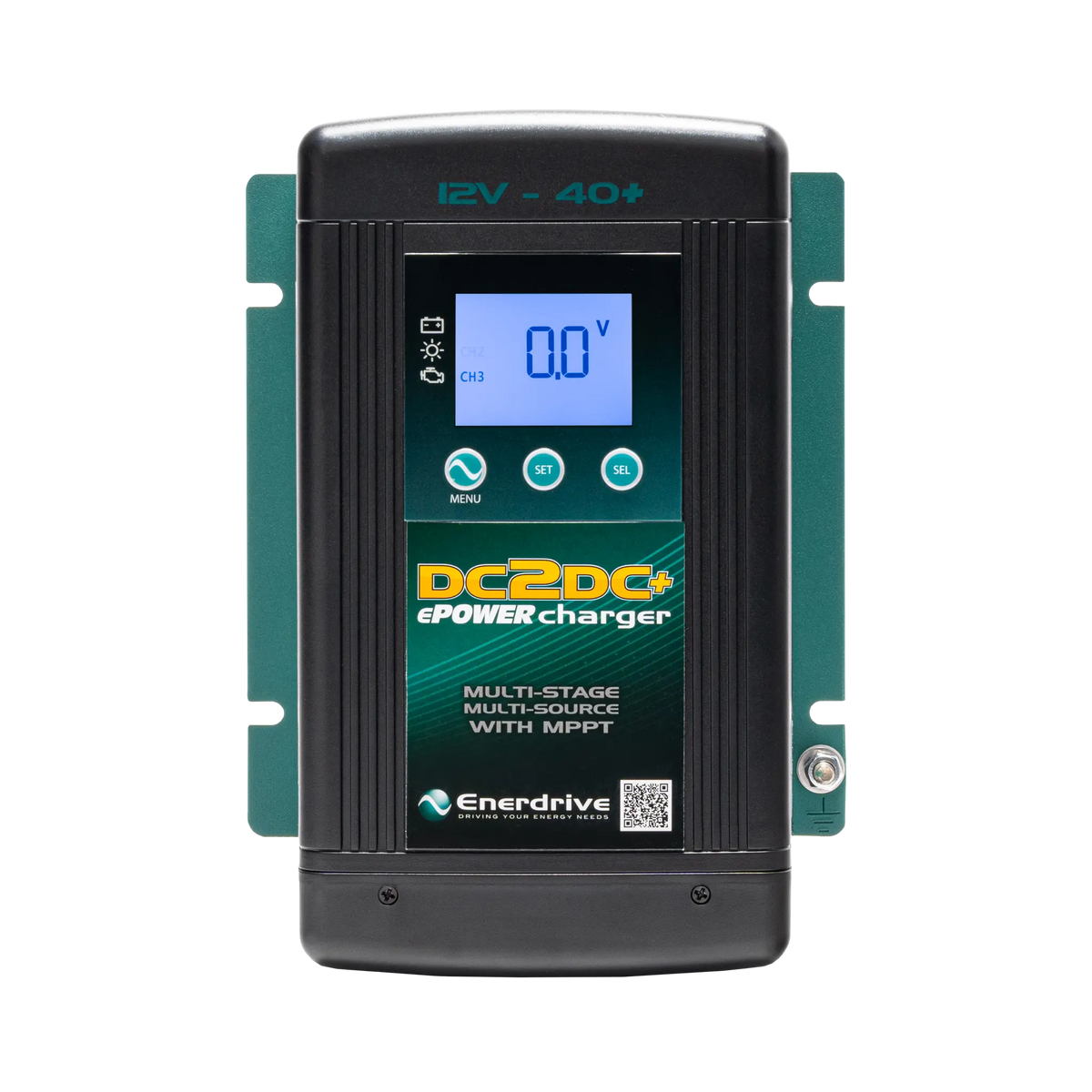 Enerdrive 40A 12V DCDC battery charger front view with a blue display and green mounting plate.