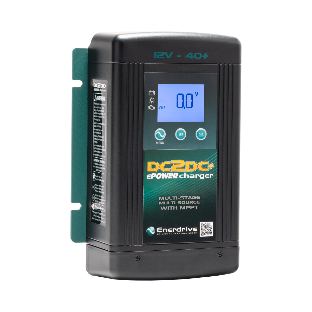 Enerdrive 40A 12V DCDC battery charger in a front left view with a ribbed case and side label.