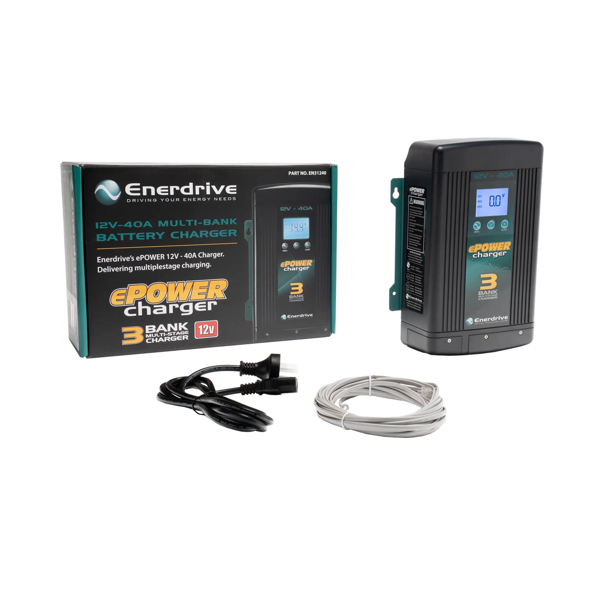 Enerdrive 40A 12V ePOWER battery charger beside its box, black power cord and coiled grey cable.