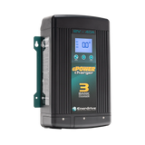 Enerdrive 40A 12V ePOWER battery charger in a front left view with its side label and digital display visible.