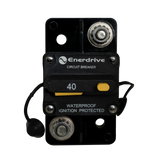 Enerdrive 40A surface mount circuit breaker front view with two 5/16-inch studs and yellow reset switch.