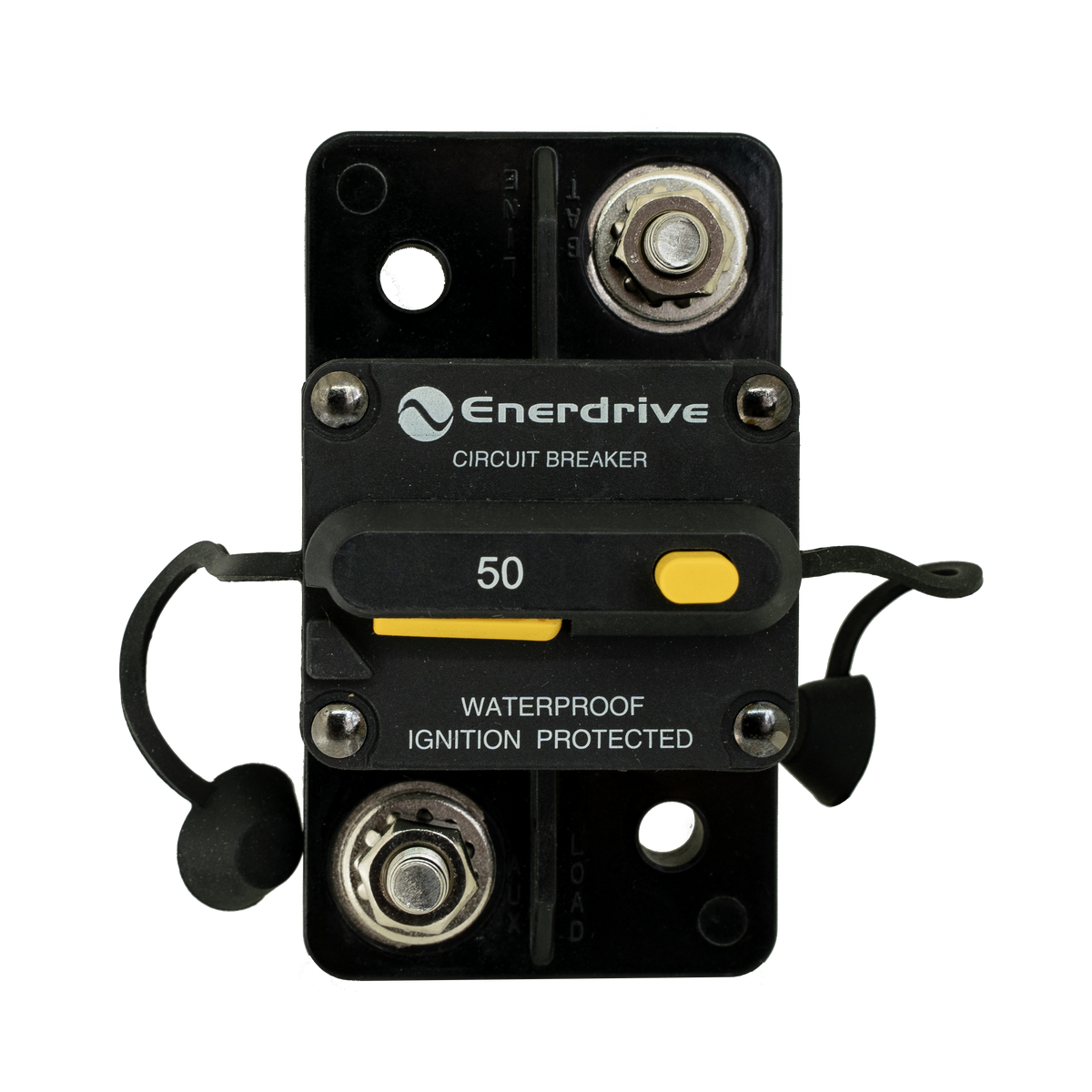 Enerdrive 50A surface mount circuit breaker front view with two 5/16-inch studs and yellow reset switch.