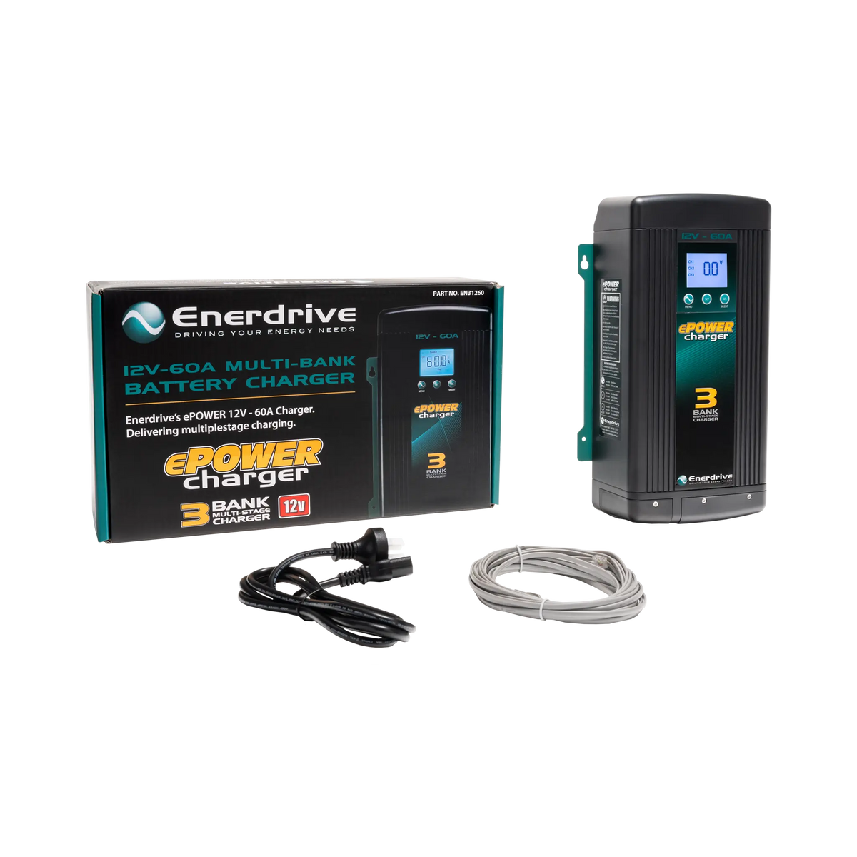 Enerdrive 60A 12V ePOWER battery charger beside its box, black power cord and coiled grey cable.