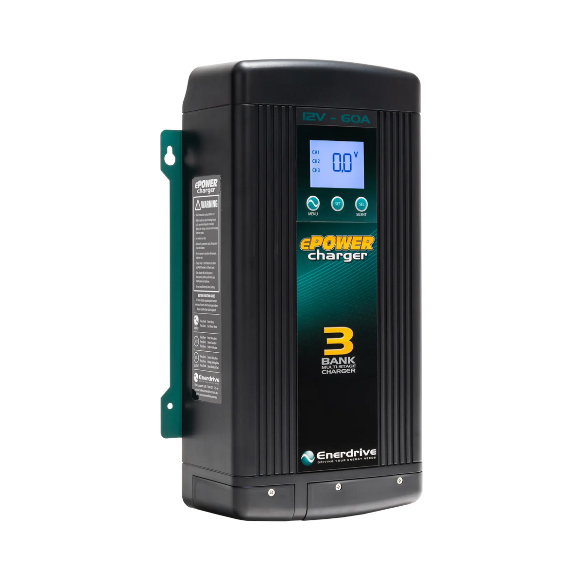 Enerdrive 60A 12V ePOWER battery charger in a front left view with its side label and digital display visible.