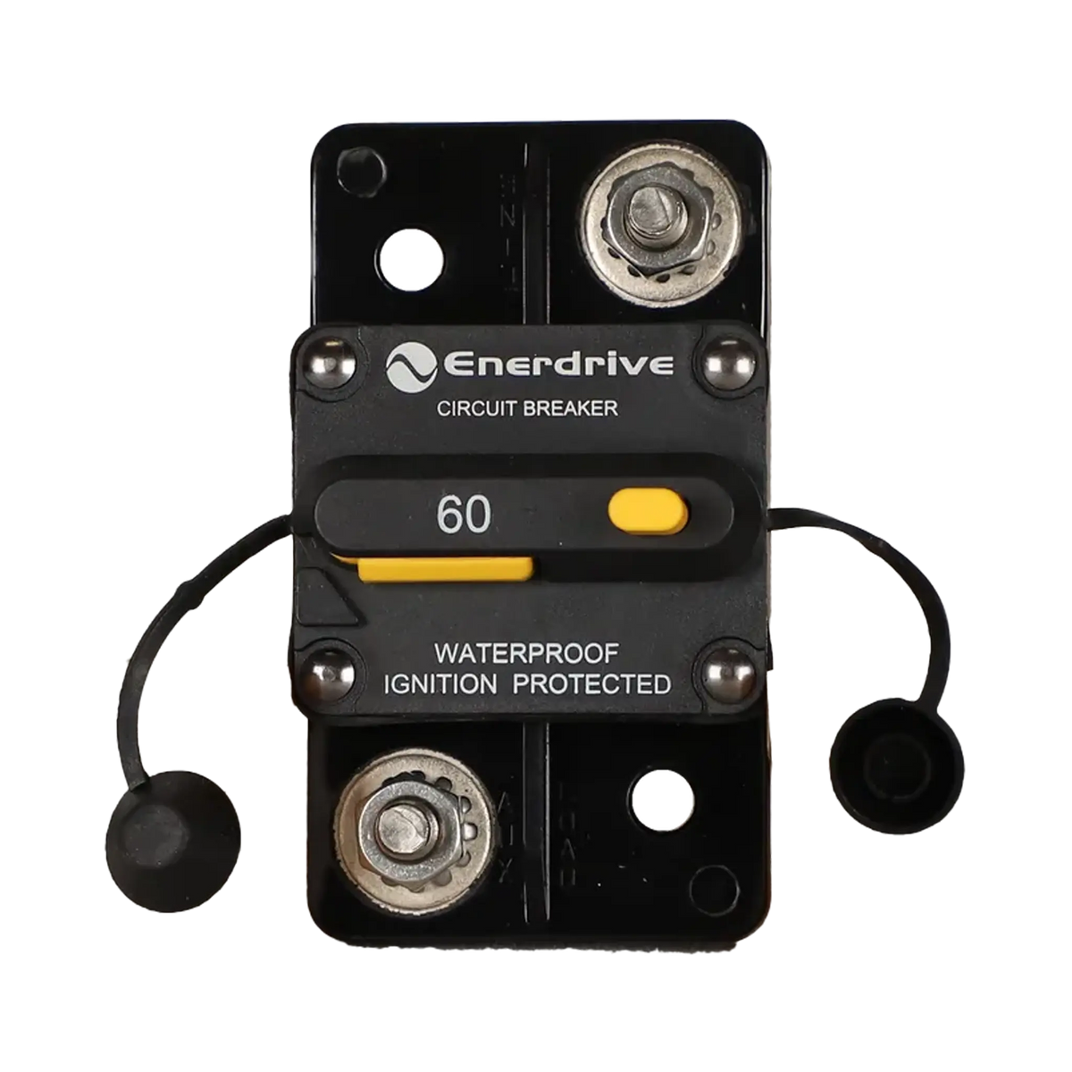 Enerdrive 60A surface mount circuit breaker front view with two 5/16 studs and tethered black caps.