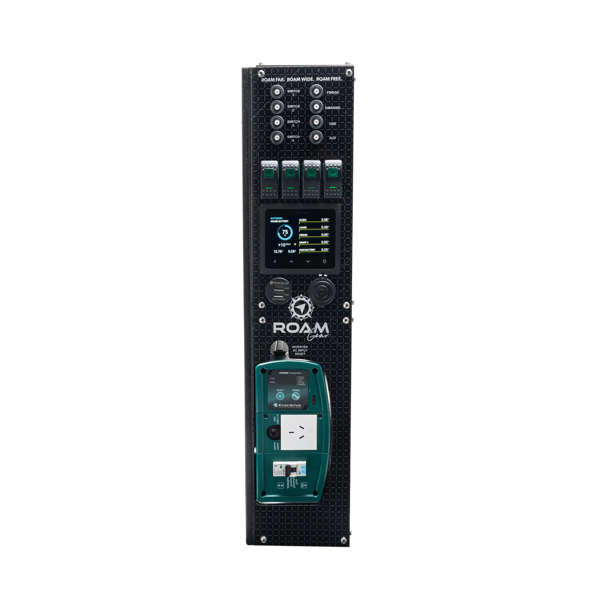 Enerdrive passenger side Adventurer 03 control panel showing battery charge and individual circuit readings.