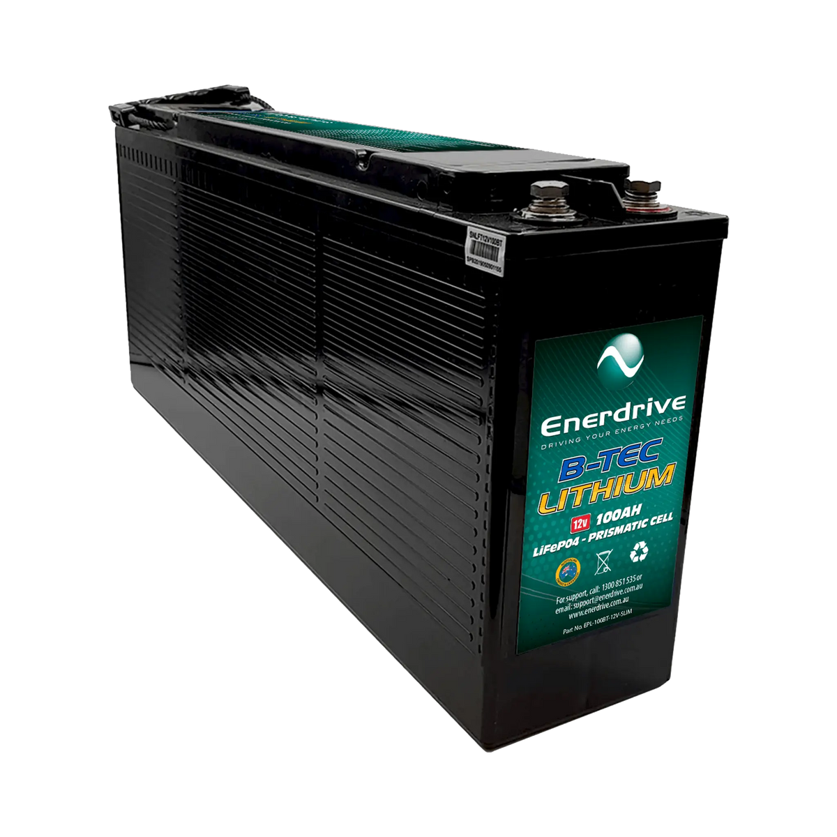 Enerdrive 100Ah 12V B-TEC slimline lithium battery in an angled view with a ribbed case and top terminals.