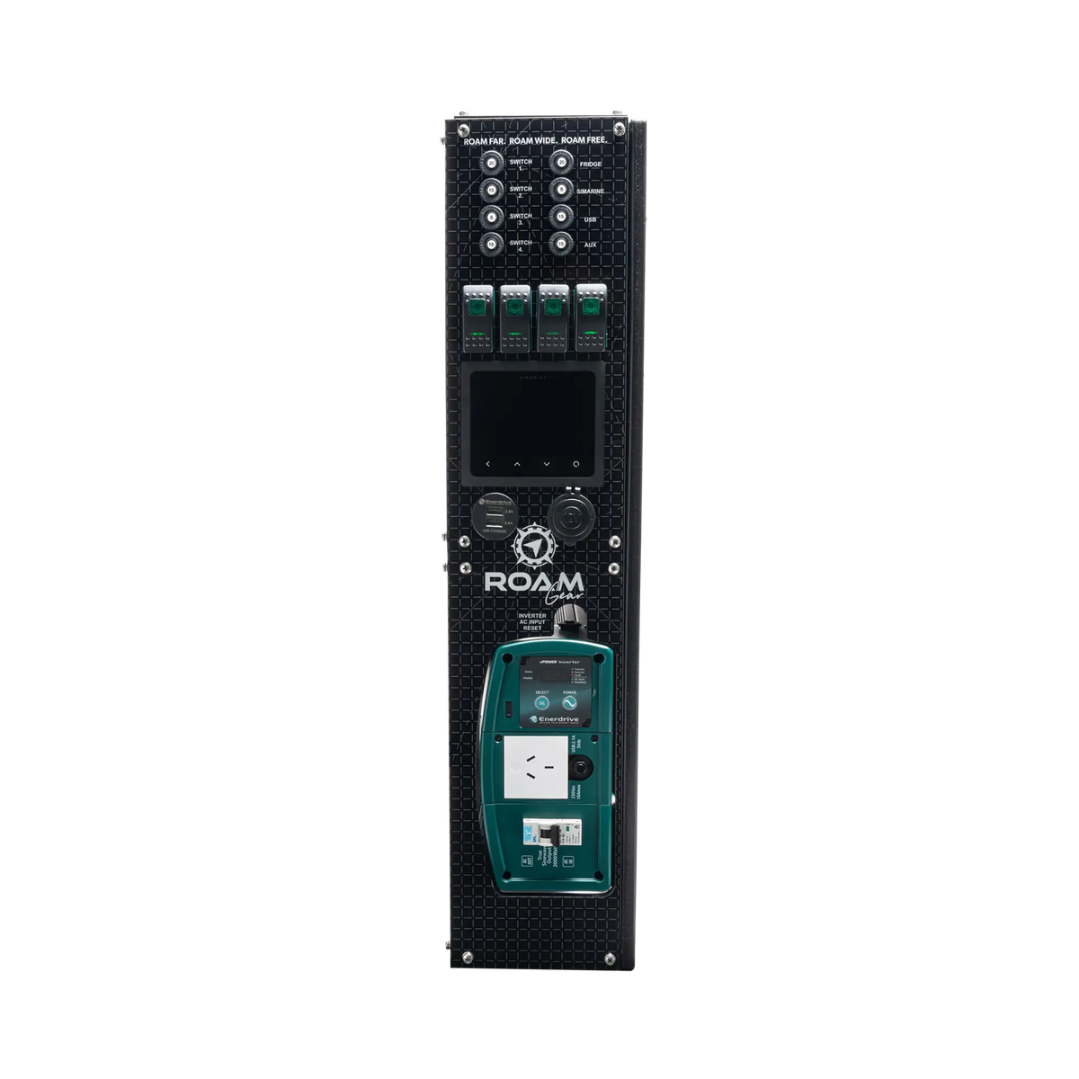 Enerdrive driver side Adventurer 03 control panel with a blank monitor, rocker switches and an AC outlet.