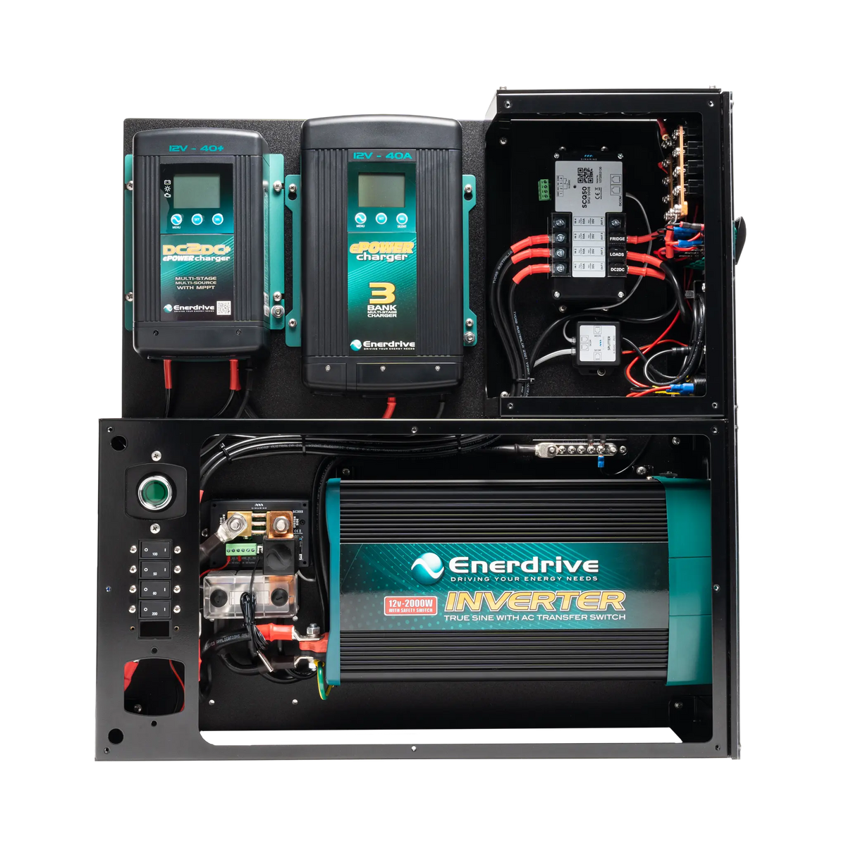 Enerdrive Adventurer 03 power system with covers removed, exposing the inverter, Simarine modules and wiring.