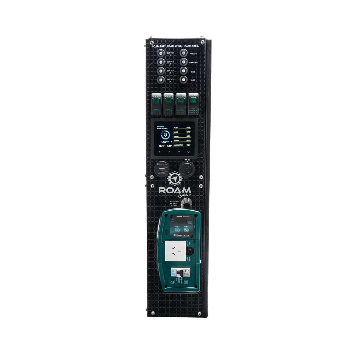Enerdrive driver side Adventurer 03 switch panel with battery readings above USB sockets and the inverter outlet.