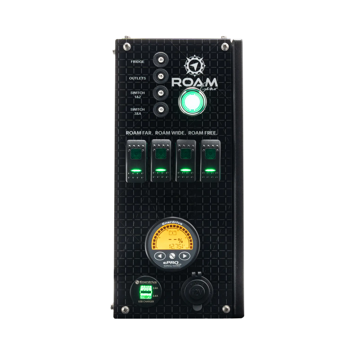 Enerdrive Explorer 01 front control panel with green illuminated switches and an orange ePRO PLUS display.