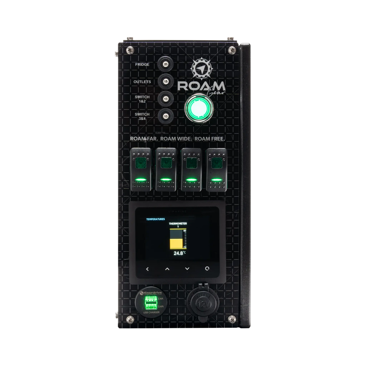 Enerdrive driver side Traveller 03 control panel with a yellow temperature gauge below four illuminated switches.