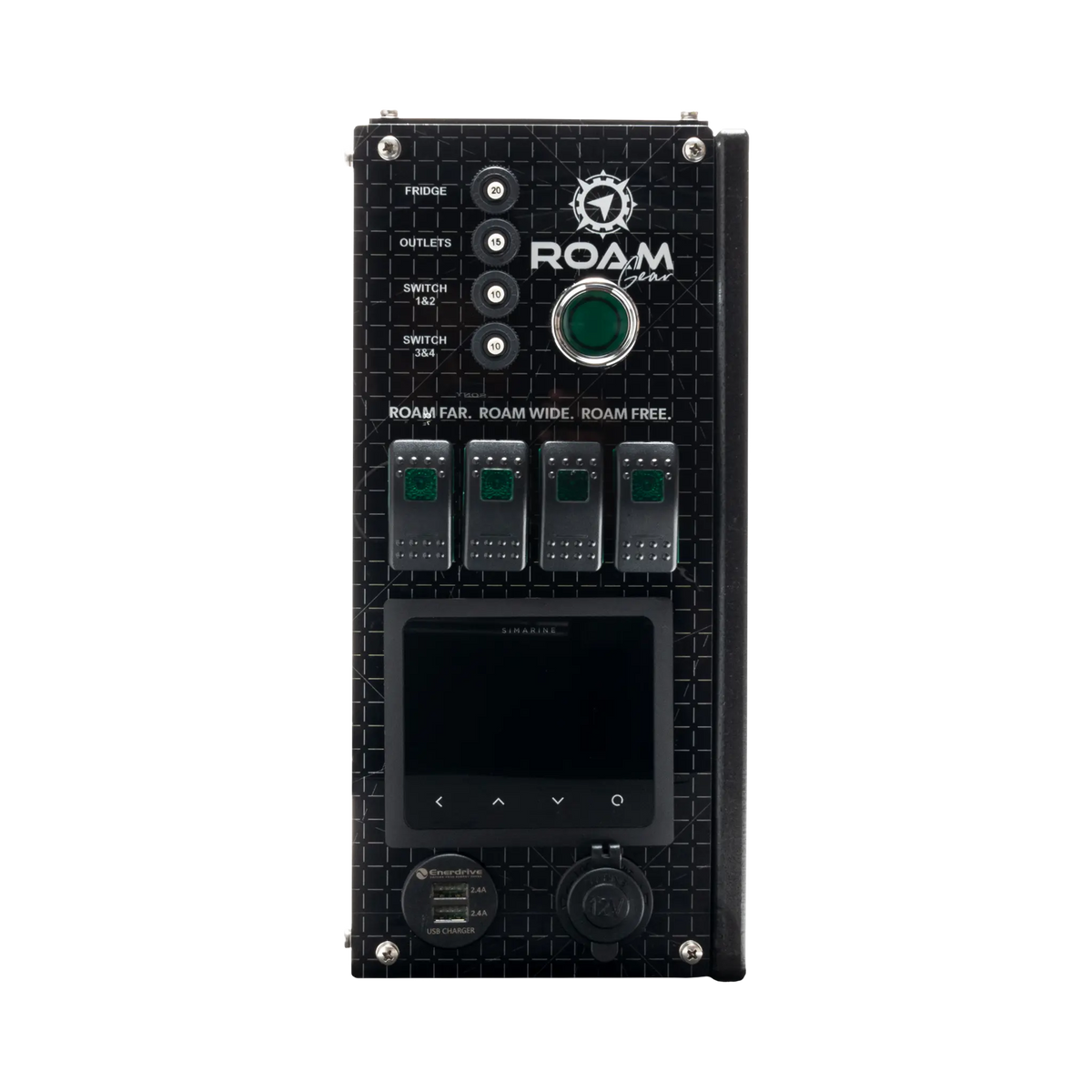 Enerdrive driver side Traveller 03 control panel with a blank monitor, unlit switches and covered 12V socket.