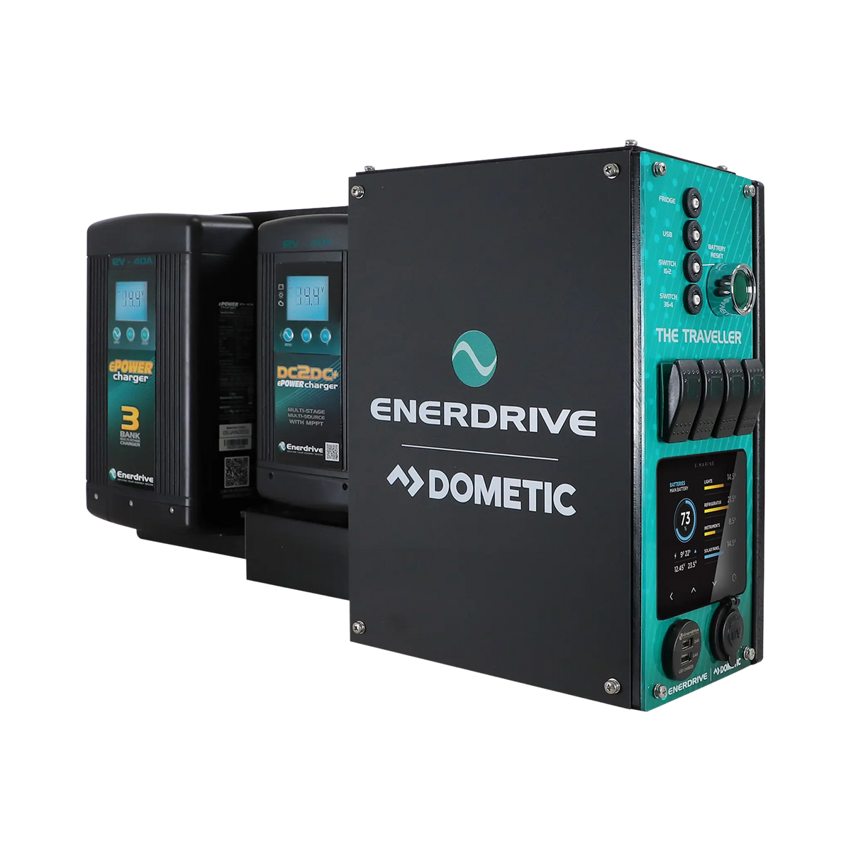 Enerdrive driver side Traveller 03 power system angled view with two chargers behind the black enclosure.