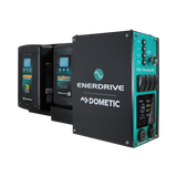 Enerdrive driver side Traveller 03 power system angled view with two chargers behind the black enclosure.