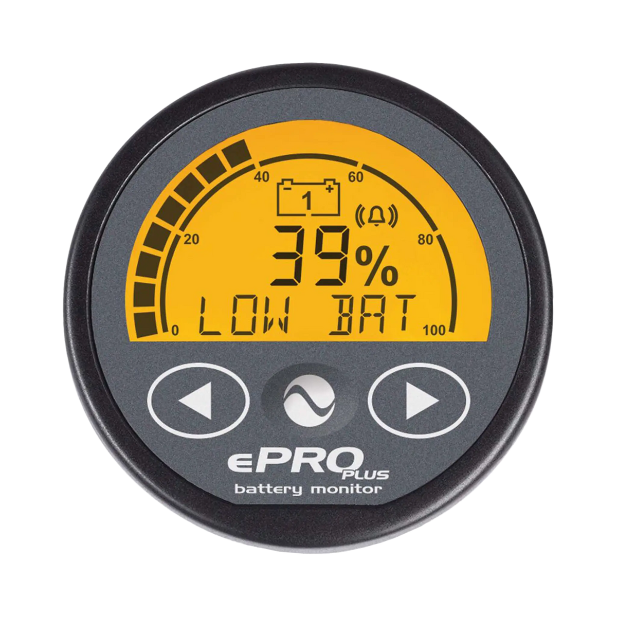 Enerdrive ePRO PLUS battery monitor display with a 39 percent charge reading and a low battery warning.