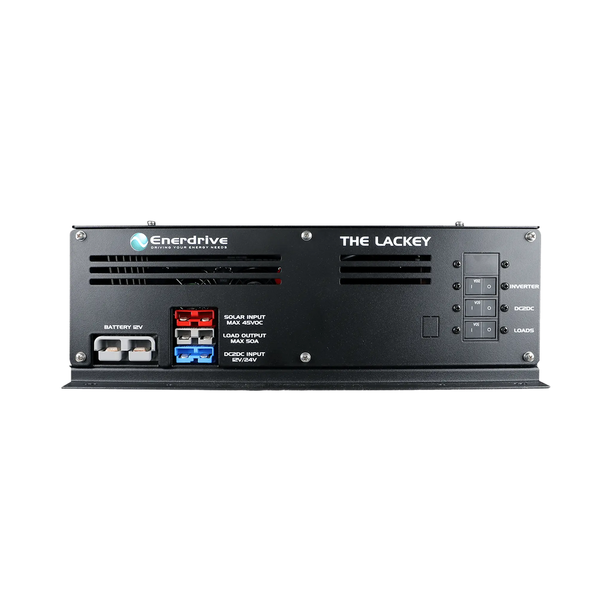 Enerdrive Lackey power system connection panel with grey, red and blue Anderson plugs and ventilation slots.