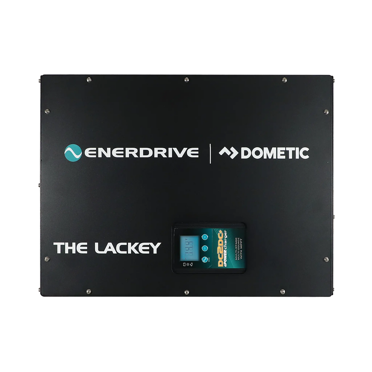 Enerdrive Lackey power system front view with a charger display inset in the black enclosure cover.