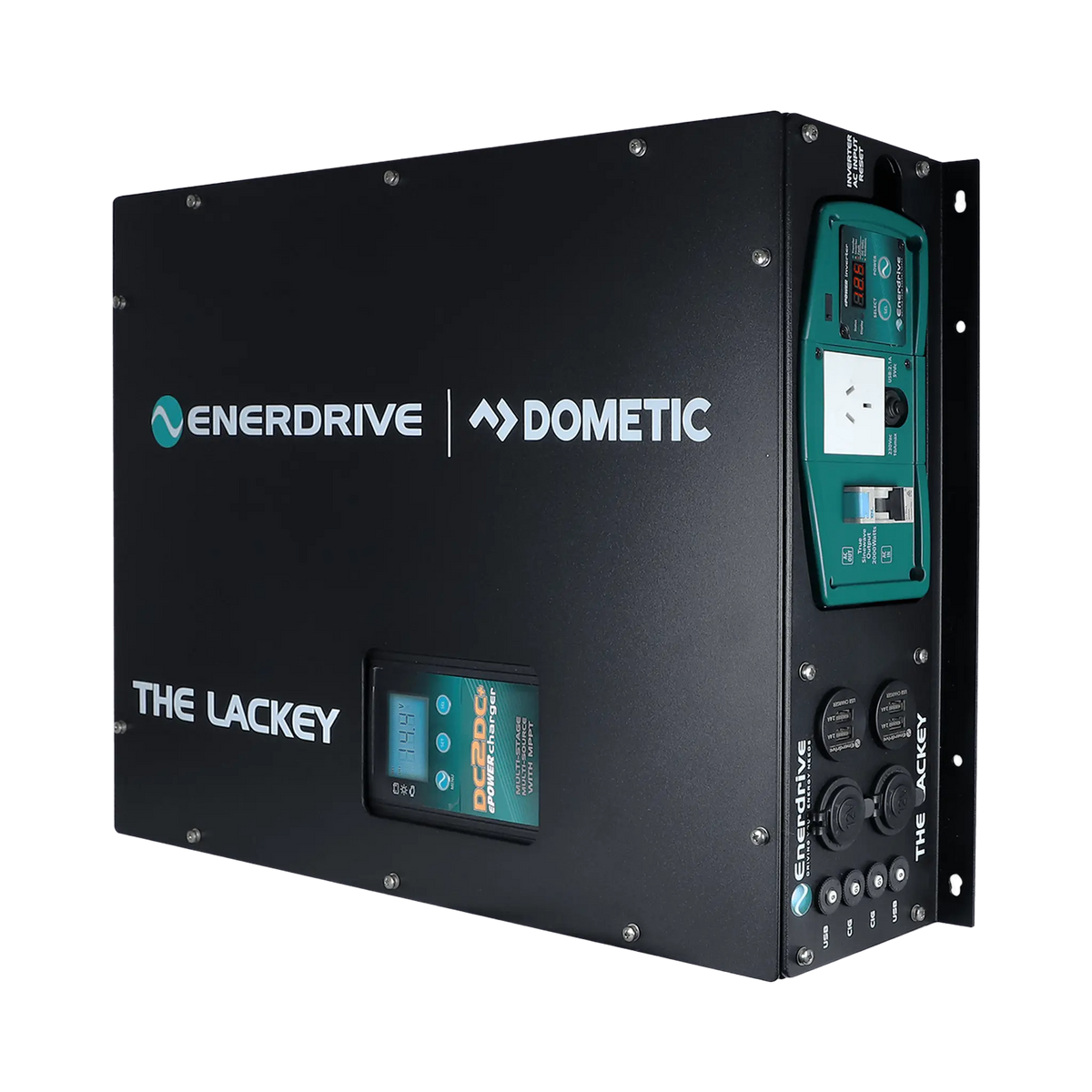 Enerdrive Lackey power system front right view with the inverter outlet and sockets visible on the side.