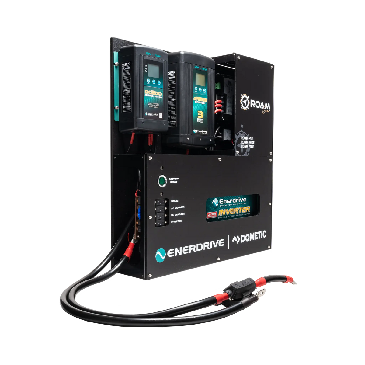 Enerdrive Adventurer 03 power system with positive and negative battery leads terminated with ring terminals.